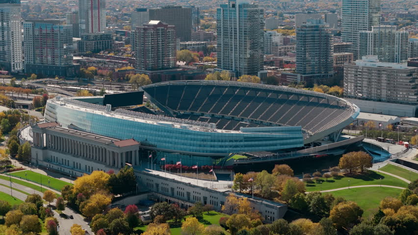 Aerial view of stadium in downtown Chicago during autumn.