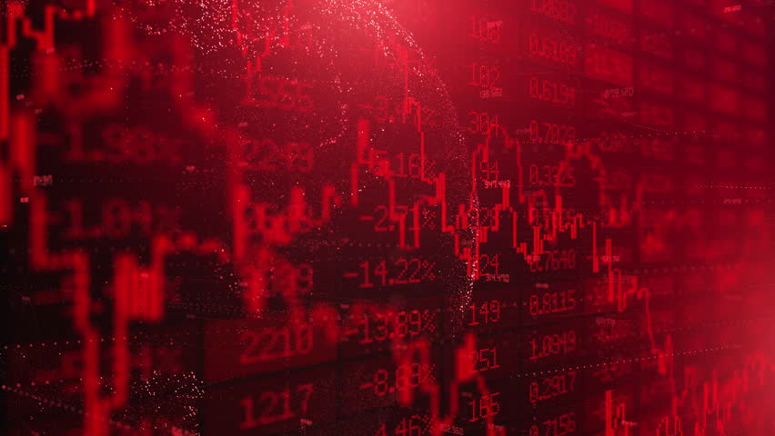 Red candles of the bearish stock market trading. Chart with falling prices. Exchange trading. Stop loss and liquidations. Decreasing trend and losses. Economic crisis. Recession and stocks crash