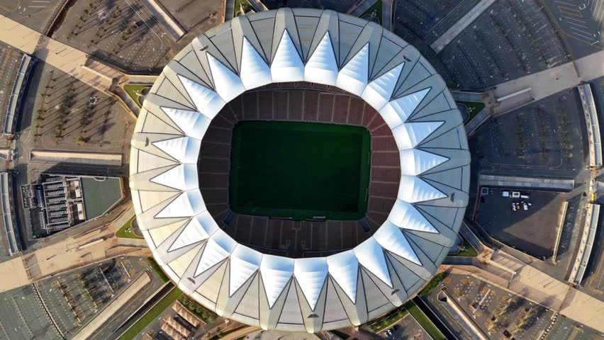 Jeddah, Saudi Arabia Mar 22 2025: King Abdullah Sport City Stadium known as Alinma Stadium and Jewel Stadium - Arial View 4k video