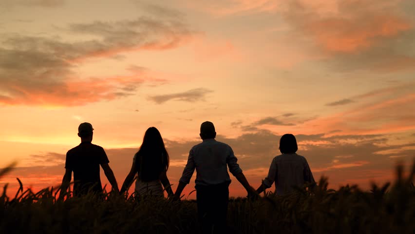 Group farmers teamwork, business group, wheat field harvest, sun. Business people united by one idea. Happy team people holding hands raise hands. Teamwork people. Partnership help in business concept