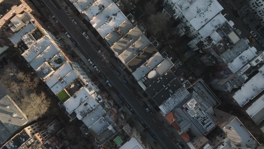 Aerial view of apartment buildings on Manhattan's Upper West Side. Shot at dusk in New York City.