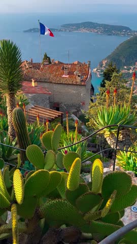 Exotic garden Jardin Exotique d'Eze in the village of Eze Provence, Alps, Cote d'Azur France February 27, 2025. High quality 4k footage