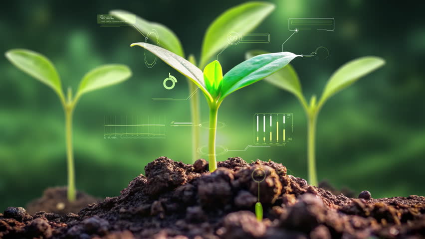 Seedling growing from soil monitored with futuristic technology