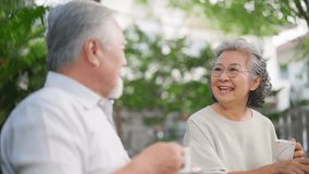Happy Asian family senior couple enjoy leisure activity lifestyle relaxing and having afternoon tea party together in the garden at home. Elderly retired people healthcare and mental health concept. - Powered by Shutterstock - Get 15% off with code: PIKWIZARD15