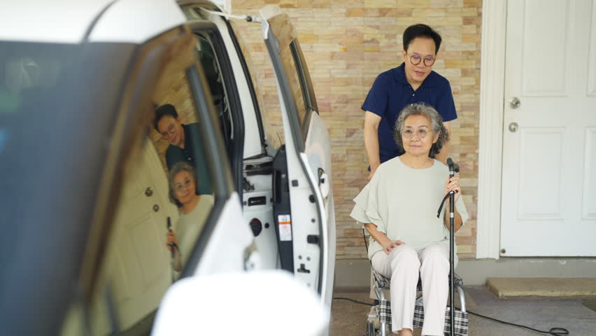 Asian man caregiver or taxi driver helping senior woman patient get in car to get to medical appointments or healthcare therapy sessions at hospital. Assisted elderly patient transportation services. - Powered by Shutterstock - Get 15% off with code: PIKWIZARD15