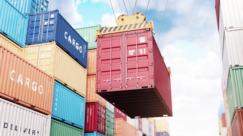 Cargo containers in a port. Freight shipping, import and export, logistics and transportation. 3D Illustration