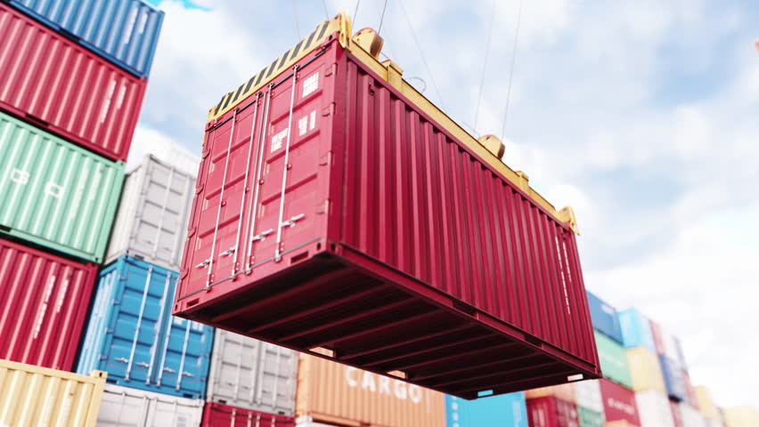 Cargo containers in a port. Freight shipping, import and export, logistics and transportation. 3D Illustration