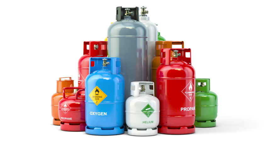 Different industrial liquefied gas containers, tanks and bottles with different gases. 3D Illustration
