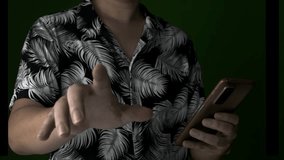 A man with a smartphone touching a digital interface featuring AI technologies, with a hologram of data. - Powered by Shutterstock - Get 15% off with code: PIKWIZARD15