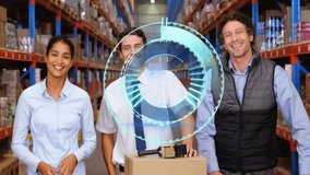 Diverse warehouse team smiling with digital data processing animation overlay. Teamwork, diversity, logistics, technology, collaboration, innovation - Powered by Shutterstock - Get 15% off with code: PIKWIZARD15