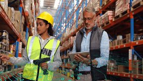 Warehouse workers using digital tablets with data processing animation overlay. Logistics, technology, teamwork, distribution, efficiency, collaboration - Powered by Shutterstock - Get 15% off with code: PIKWIZARD15