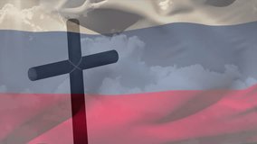 Silhouette of cross against cloudy sky and Russian flag in background. Religion, faith, spirituality, symbol, belief, overcast - Powered by Shutterstock - Get 15% off with code: PIKWIZARD15