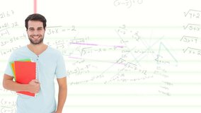 Holding notebooks, man smiling with mathematical equations in animation background. Mathematics, knowledge, learning, education, academic, study - Powered by Shutterstock - Get 15% off with code: PIKWIZARD15