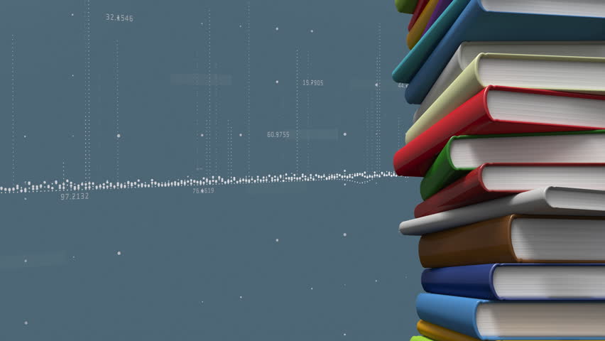 DNA strand and binary coding animation next to stack of colorful books. Science, technology, education, genetics, bioinformatics, library