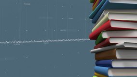 DNA strand and binary coding animation next to stack of colorful books. Science, technology, education, genetics, bioinformatics, library - Powered by Shutterstock - Get 15% off with code: PIKWIZARD15