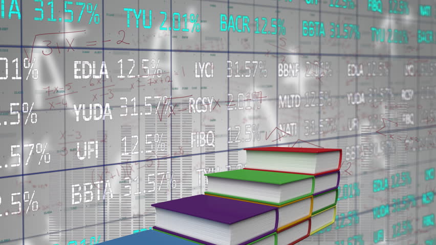 Colorful books stacked on financial data with stock market percentages in school. Finance, education, analysis, investment, economy - Powered by Shutterstock - Get 15% off with code: PIKWIZARD15