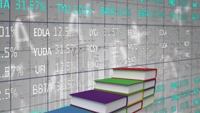 Colorful books stacked on financial data with stock market percentages in school. Finance, education, analysis, investment, economy - Powered by Shutterstock - Get 15% off with code: PIKWIZARD15