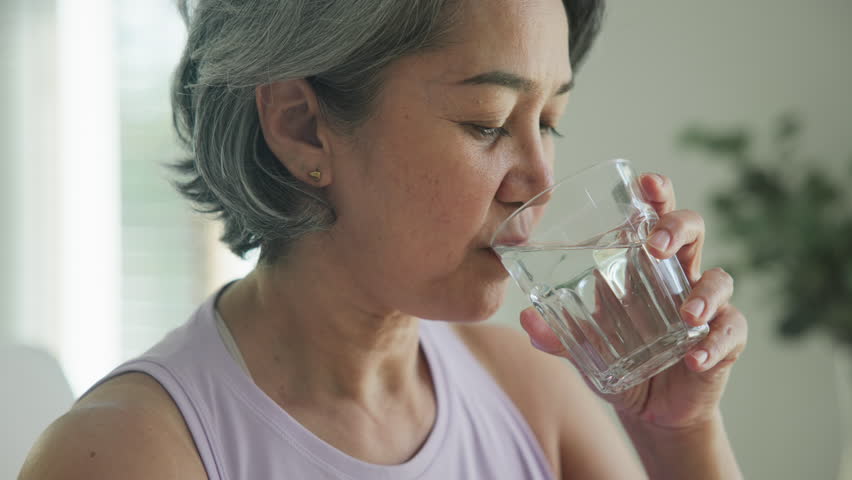 Asia adult people middle age happy old woman smile look at camera drink water stay hydrated reduce hot flash dry skin health care sit at home sofa elder aging asian aged female. Medical food relief.