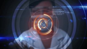 In lab coat, person interacting with animation of futuristic DNA strand interface. Science, biotechnology, innovation, genetics, research, technology - Powered by Shutterstock - Get 15% off with code: PIKWIZARD15