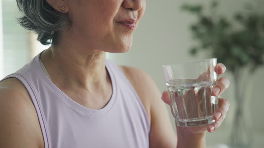 Asia adult people middle age happy old woman smile look at camera drink water stay hydrated reduce hot flash dry skin health care sit at home sofa elder aging asian aged female. Medical food relief.