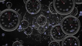 Stopwatches and social media icons over digital network connections animation. Time management, technology, connectivity, online, communication - Powered by Shutterstock - Get 15% off with code: PIKWIZARD15