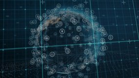 Animation of digital icons and data overlaying rotating Earth for network concept. Global, connectivity, technology, communication, cyberspace, innovation - Powered by Shutterstock - Get 15% off with code: PIKWIZARD15