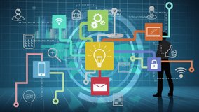 Digital network animation overlaying silhouette of business person processing data. Technology, connectivity, innovation, networking, futuristic, communication - Powered by Shutterstock - Get 15% off with code: PIKWIZARD15