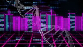 Animation of DNA strand with digital skyscrapers on neon grid background. Biotechnology, genetics, futuristic, cyberpunk, technology, innovation - Powered by Shutterstock - Get 15% off with code: PIKWIZARD15