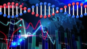 Animation of DNA strand and financial graphs over digital world map background. Biotechnology, finance, innovation, technology, global, data - Powered by Shutterstock - Get 15% off with code: PIKWIZARD15