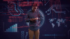 Man checking watch over digital data and circuit board animation background. Technology, innovation, electronics, futuristic, time management, cybersecurity - Powered by Shutterstock - Get 15% off with code: PIKWIZARD15