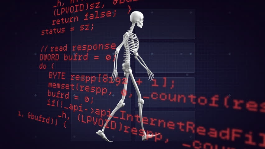 Animation of digital skeleton model with red coding text on futuristic interface. technology, virtual, simulation, innovation, computing, anatomy - Powered by Shutterstock - Get 15% off with code: PIKWIZARD15