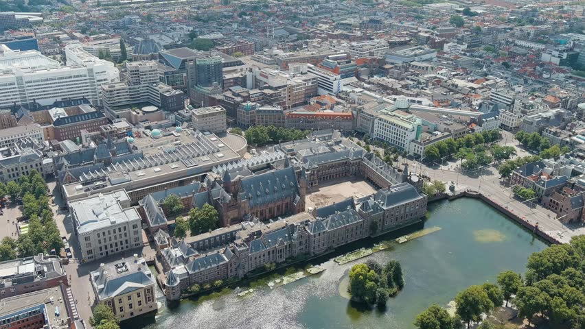 The Hague, Netherlands. Binnenhof. Hofvijver lake in the historical city center. Cloudy weather. Summer day. Stable, Aerial View, Point of interest