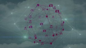 Animation of digital network sphere with music and lock icons in sky background. Technology, connectivity, security, multimedia, cyberspace, cloud - Powered by Shutterstock - Get 15% off with code: PIKWIZARD15
