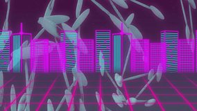 Retro-futuristic animation of neon cityscape with DNA strand and grid pattern. cyberpunk, technology, digital, sci-fi, genetics, vibrant - Powered by Shutterstock - Get 15% off with code: PIKWIZARD15
