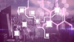 DNA strand and digital data processing animation over futuristic cityscape. Biotechnology, innovation, technology, science, network, genetics - Powered by Shutterstock - Get 15% off with code: PIKWIZARD15