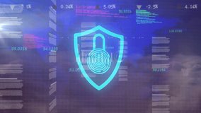 Animation of digital security shield with fingerprint over data analytics icons. Cybersecurity, data protection, encryption, biometric, technology, authentication - Powered by Shutterstock - Get 15% off with code: PIKWIZARD15