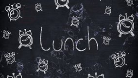 Animation of chalk-drawn alarm clocks and Lunch text on dark background. Time, lunch break, chalkboard, schedule, reminder, blackboard - Powered by Shutterstock - Get 15% off with code: PIKWIZARD15
