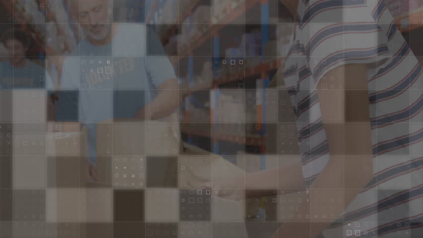 Volunteers organizing supplies in warehouse with digital data overlay animation. Volunteering, logistics, teamwork, supply chain, community service, organization - Powered by Shutterstock - Get 15% off with code: PIKWIZARD15