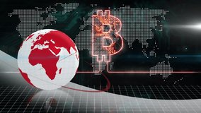 Bitcoin symbol glowing over digital map with red globe, showcasing animation. Cryptocurrency, finance, blockchain, technology, futuristic, global - Powered by Shutterstock - Get 15% off with code: PIKWIZARD15