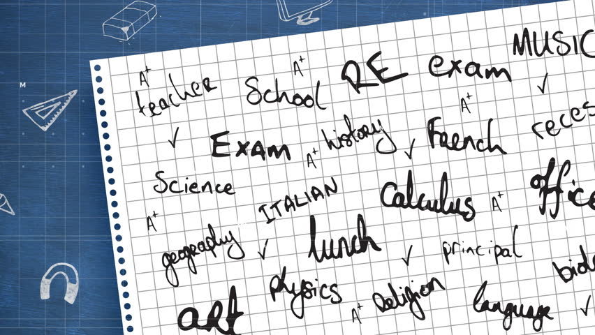 School subjects and activities handwritten on grid paper with animation on blue background. Education, learning, knowledge, classroom, stationery, handwriting