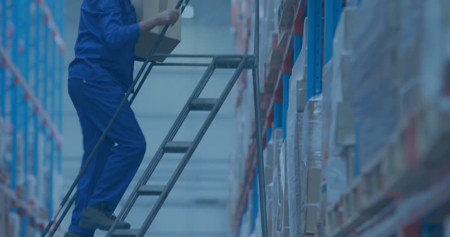 Warehouse worker stacking boxes with digital data processing animation overlay. Logistics, technology, distribution, automation, productivity, storage