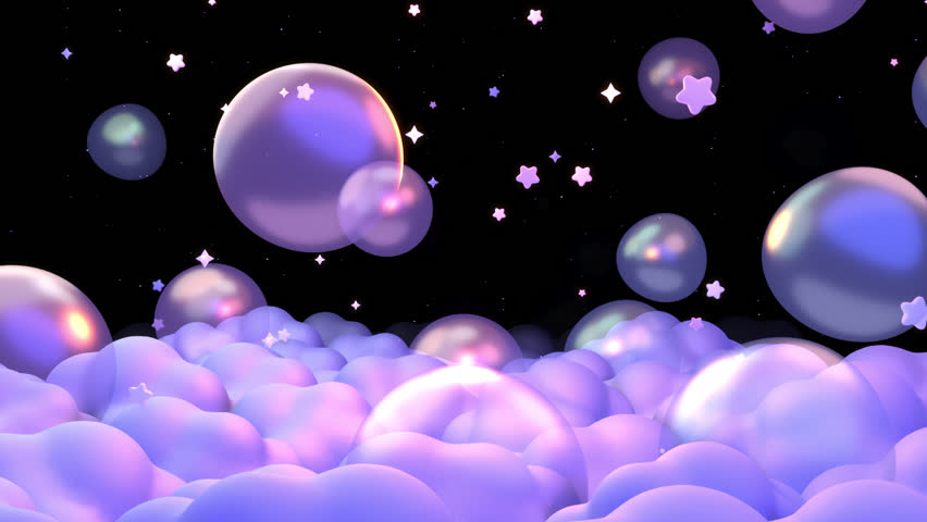 Looped flying through bubbles and stars above clouds in the night sky animation.