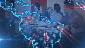 Business meeting with diverse team discussing world map over digital globe animation. Teamwork, collaboration, strategy, brainstorming, innovation, planning - Powered by Shutterstock - Get 15% off with code: PIKWIZARD15