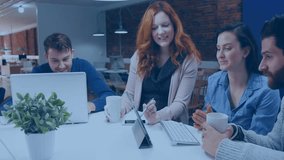 Diverse team collaborating at office with digital network animation overlay. Collaboration, teamwork, innovation, technology, networking, business - Powered by Shutterstock - Get 15% off with code: PIKWIZARD15