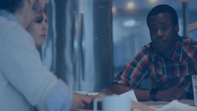 Futuristic digital interface animation over diverse team collaborating in office. Technology, innovation, teamwork, collaboration, virtual, creativity - Powered by Shutterstock - Get 15% off with code: PIKWIZARD15