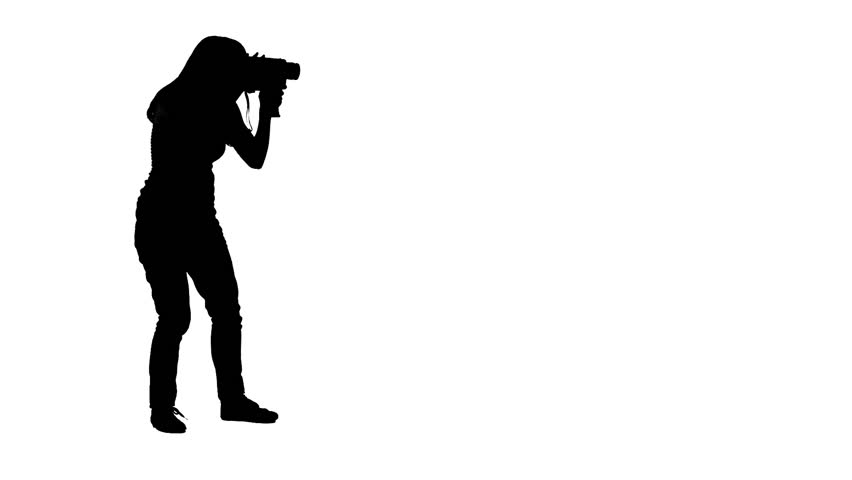 Girl with film camera, silhouetted against a white background.