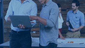 Discussing data, two men using laptop with bar chart animation in office. Business, analytics, teamwork, collaboration, technology, brainstorming - Powered by Shutterstock - Get 15% off with code: PIKWIZARD15