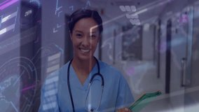 Reviewing documents, healthcare professional with data processing animation overlay. Technology, analytics, innovation, digital, analysis - Powered by Shutterstock - Get 15% off with code: PIKWIZARD15