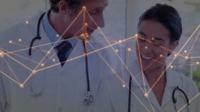 Discussing patient data, doctors with network connections animation overlay in hospital. Healthcare, technology, innovation, collaboration, medical, digital - Powered by Shutterstock - Get 15% off with code: PIKWIZARD15