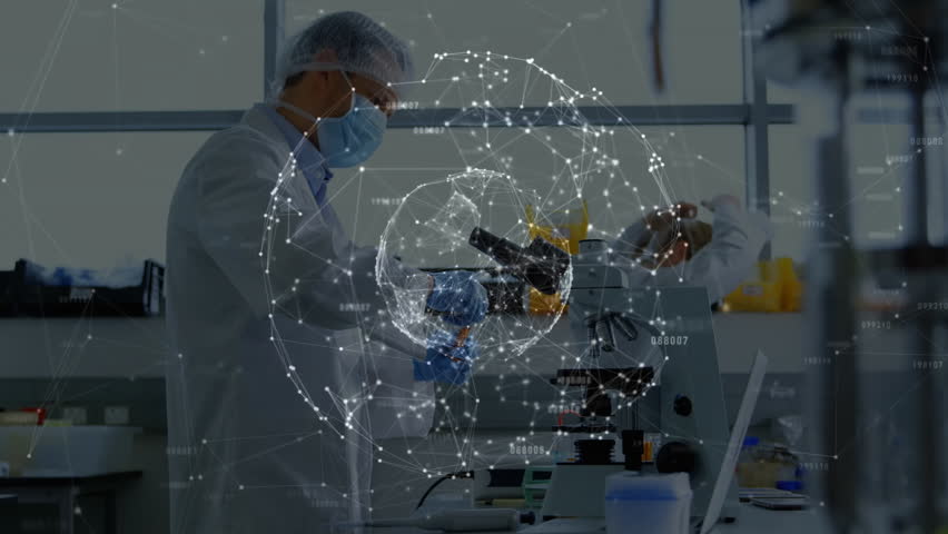 In laboratory, scientists analyzing data with digital network animation overlay. Science, technology, innovation, research, data analysis, networking - Powered by Shutterstock - Get 15% off with code: PIKWIZARD15